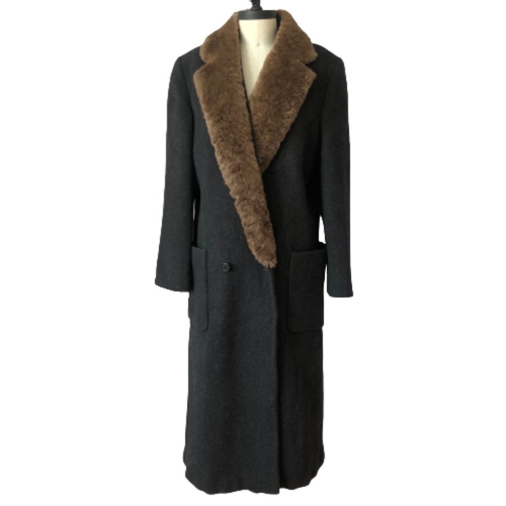 Vintage Perry Ellis Gray 100% Wool Fur Collar Dark Academia Coat USA ILGWU Made - Picture 4 of 16